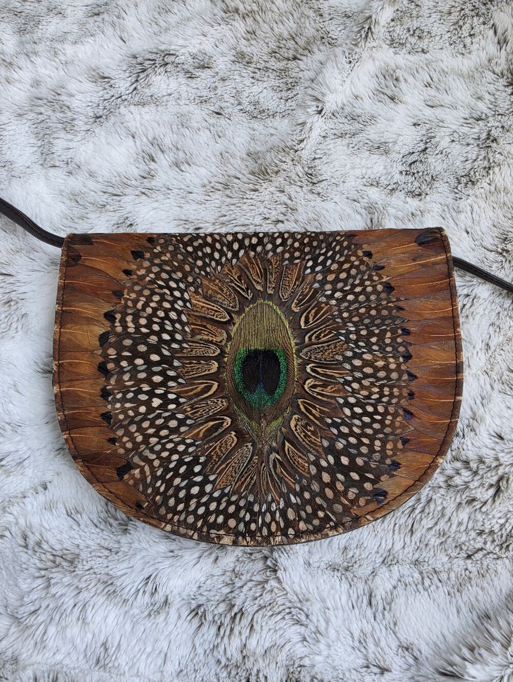 Peacock Feather Brown Crossbody Purse Boho 70s Style Statement Bag